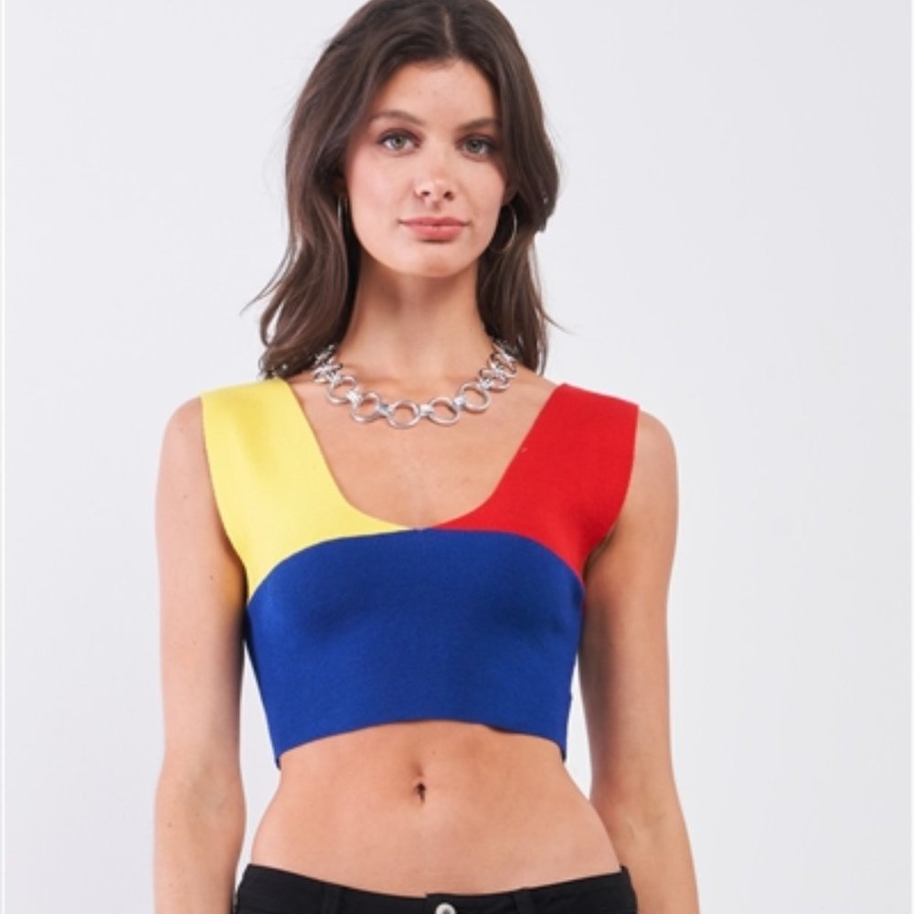 Yellow Red Blue Color Block Knit  V-Neck And Back Sleeveless Crop Tank Top